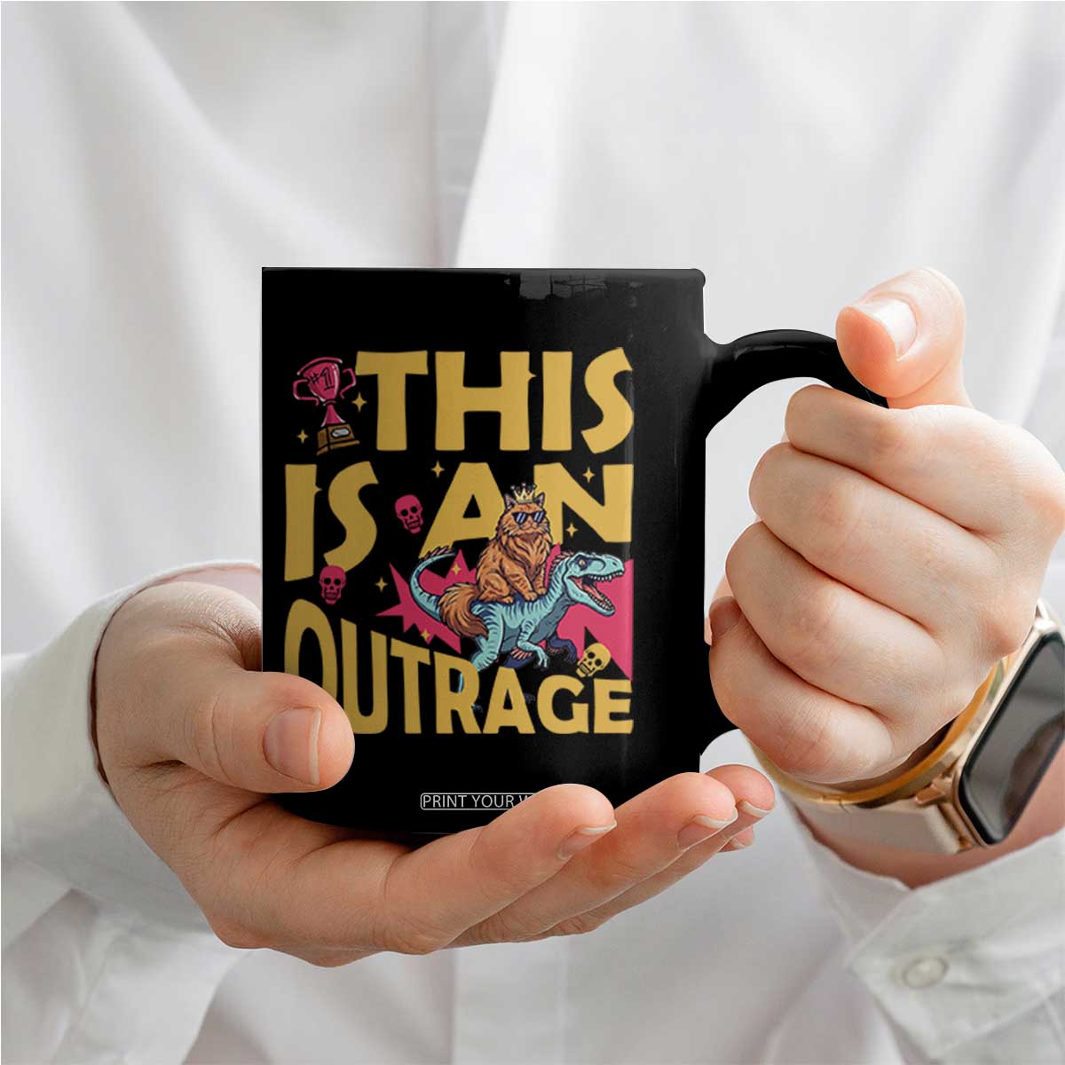 This Is An Outrage Sassy Cat Riding Raptor Dinosaur Coffee Mug Retro Pop Art Graphic