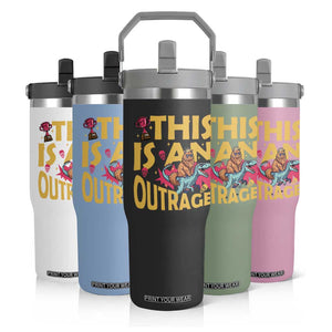 This Is An Outrage Sassy Cat Riding Raptor Dinosaur Flip Straw Tumbler Retro Pop Art Graphic