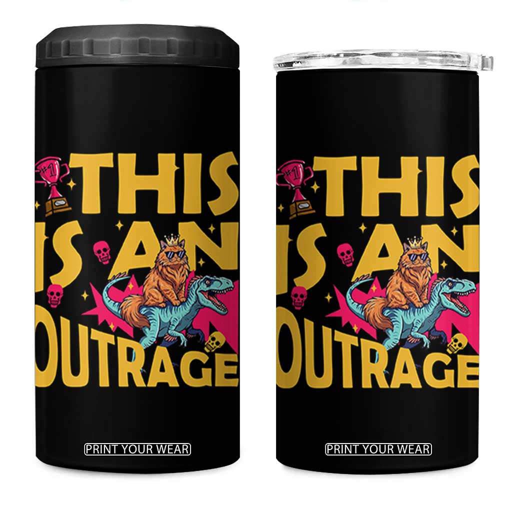 This Is An Outrage Sassy Cat Riding Raptor Dinosaur 4 in 1 Can Cooler Tumbler Retro Pop Art Graphic