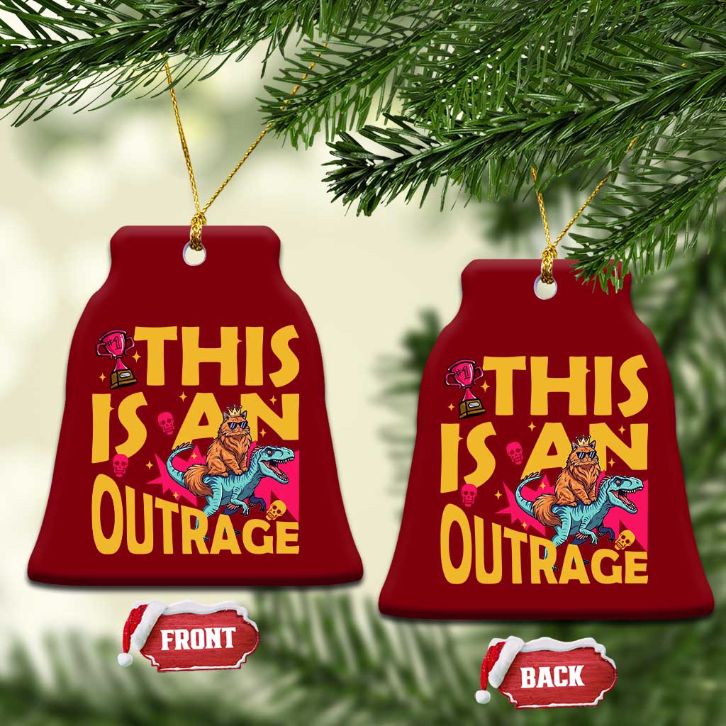 This Is An Outrage Sassy Cat Riding Raptor Dinosaur Ceramic Ornament Retro Pop Art Graphic