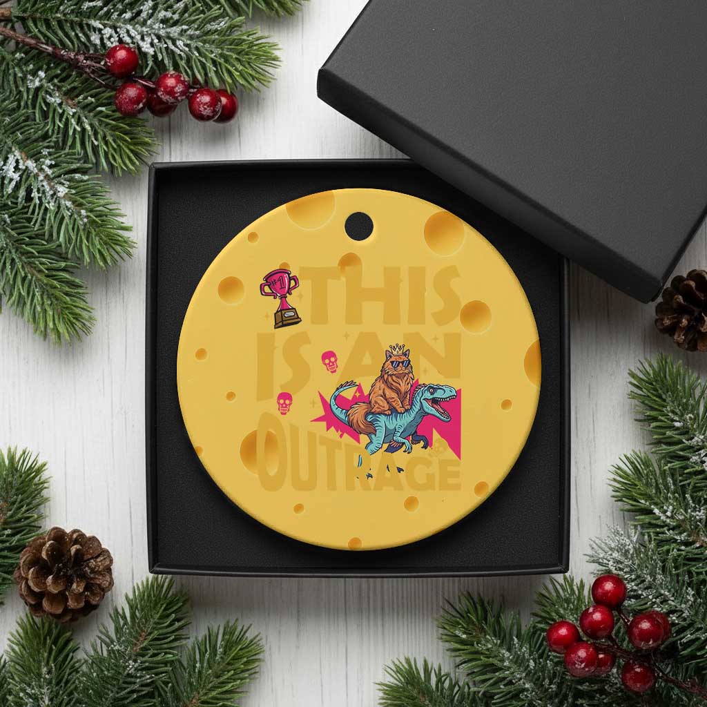 This Is An Outrage Sassy Cat Riding Raptor Dinosaur Ceramic Ornament Retro Pop Art Graphic