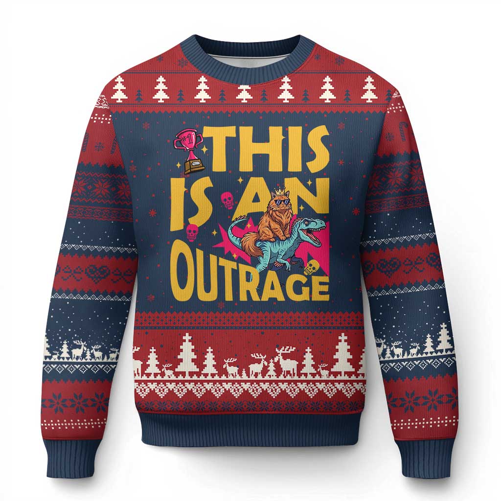 This Is An Outrage Sassy Cat Riding Raptor Dinosaur Ugly Christmas Sweater Retro Pop Art Graphic