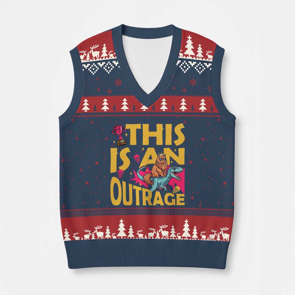 This Is An Outrage Sassy Cat Riding Raptor Dinosaur V-Neck Knit Sweater Vest Retro Pop Art Graphic