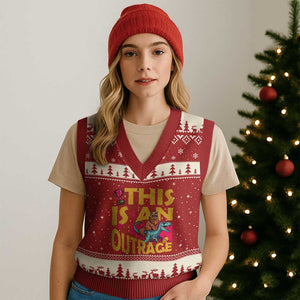 This Is An Outrage Sassy Cat Riding Raptor Dinosaur V-Neck Knit Sweater Vest Retro Pop Art Graphic