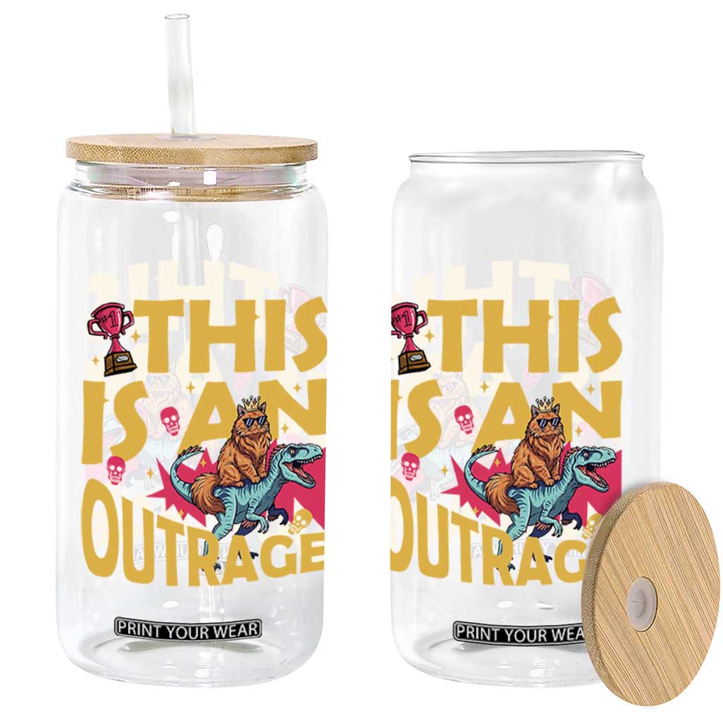 This Is An Outrage Sassy Cat Riding Raptor Dinosaur Glass Can Retro Pop Art Graphic
