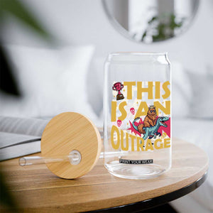 This Is An Outrage Sassy Cat Riding Raptor Dinosaur Glass Can Retro Pop Art Graphic