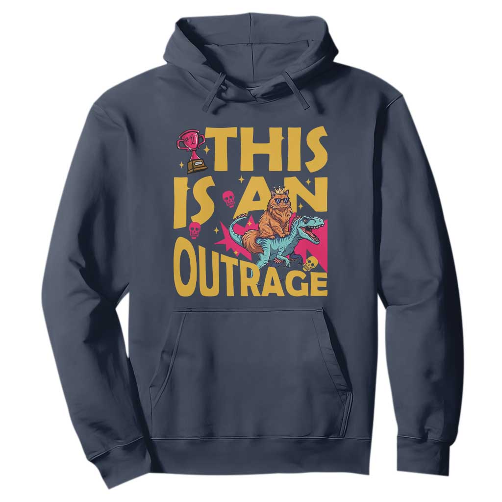 This Is An Outrage Sassy Cat Riding Raptor Dinosaur Hoodie Retro Pop Art Graphic