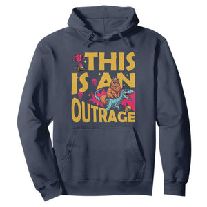 This Is An Outrage Sassy Cat Riding Raptor Dinosaur Hoodie Retro Pop Art Graphic