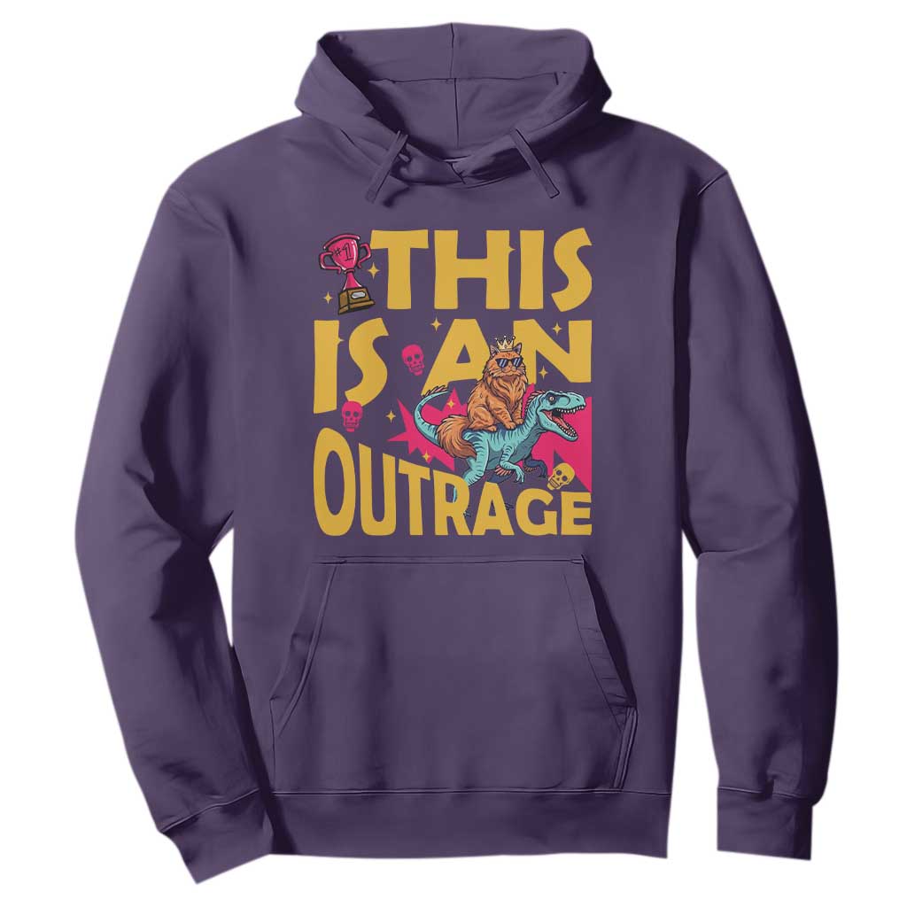 This Is An Outrage Sassy Cat Riding Raptor Dinosaur Hoodie Retro Pop Art Graphic