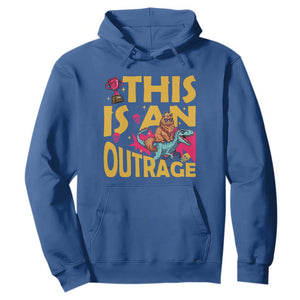 This Is An Outrage Sassy Cat Riding Raptor Dinosaur Hoodie Retro Pop Art Graphic