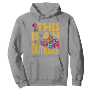 This Is An Outrage Sassy Cat Riding Raptor Dinosaur Hoodie Retro Pop Art Graphic