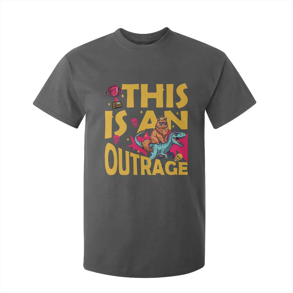 This Is An Outrage Sassy Cat Riding Raptor Dinosaur T Shirt For Kid Retro Pop Art Graphic
