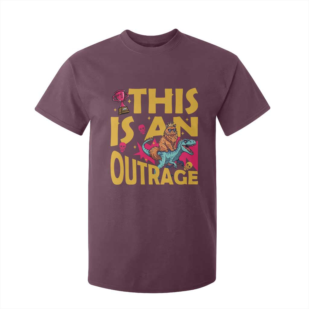 This Is An Outrage Sassy Cat Riding Raptor Dinosaur T Shirt For Kid Retro Pop Art Graphic