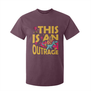 This Is An Outrage Sassy Cat Riding Raptor Dinosaur T Shirt For Kid Retro Pop Art Graphic