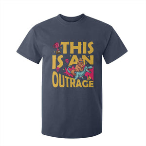 This Is An Outrage Sassy Cat Riding Raptor Dinosaur T Shirt For Kid Retro Pop Art Graphic