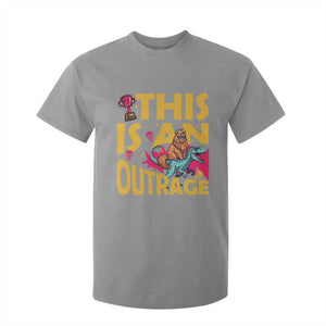 This Is An Outrage Sassy Cat Riding Raptor Dinosaur T Shirt For Kid Retro Pop Art Graphic