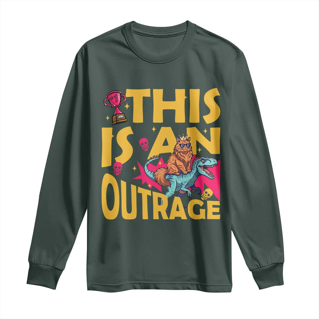 This Is An Outrage Sassy Cat Riding Raptor Dinosaur Long Sleeve Shirt Retro Pop Art Graphic
