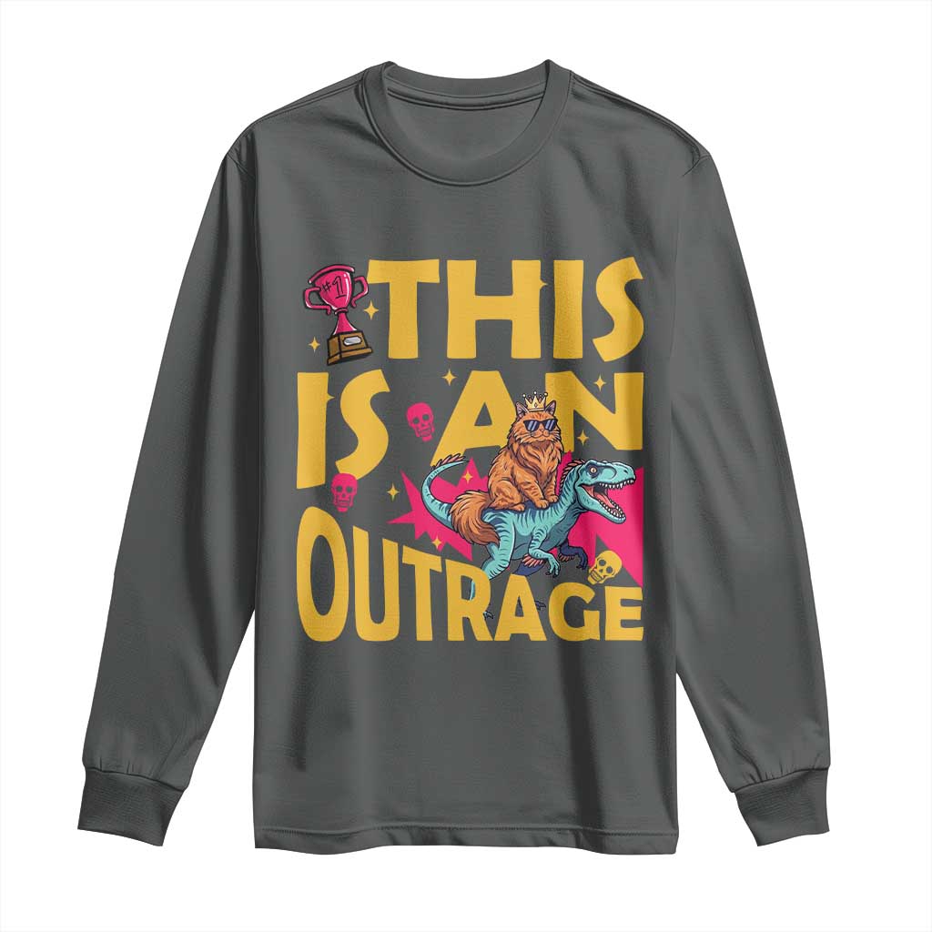 This Is An Outrage Sassy Cat Riding Raptor Dinosaur Long Sleeve Shirt Retro Pop Art Graphic