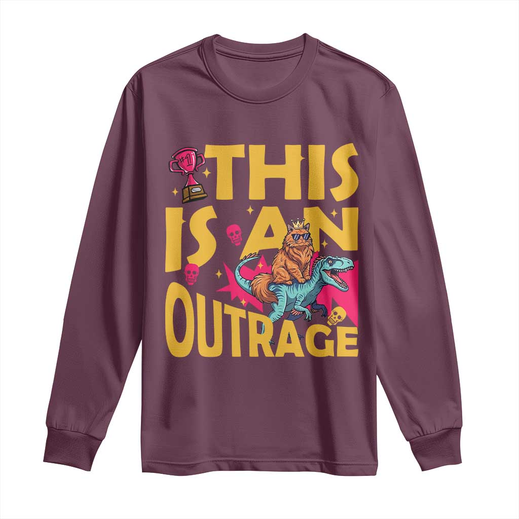 This Is An Outrage Sassy Cat Riding Raptor Dinosaur Long Sleeve Shirt Retro Pop Art Graphic