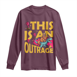 This Is An Outrage Sassy Cat Riding Raptor Dinosaur Long Sleeve Shirt Retro Pop Art Graphic
