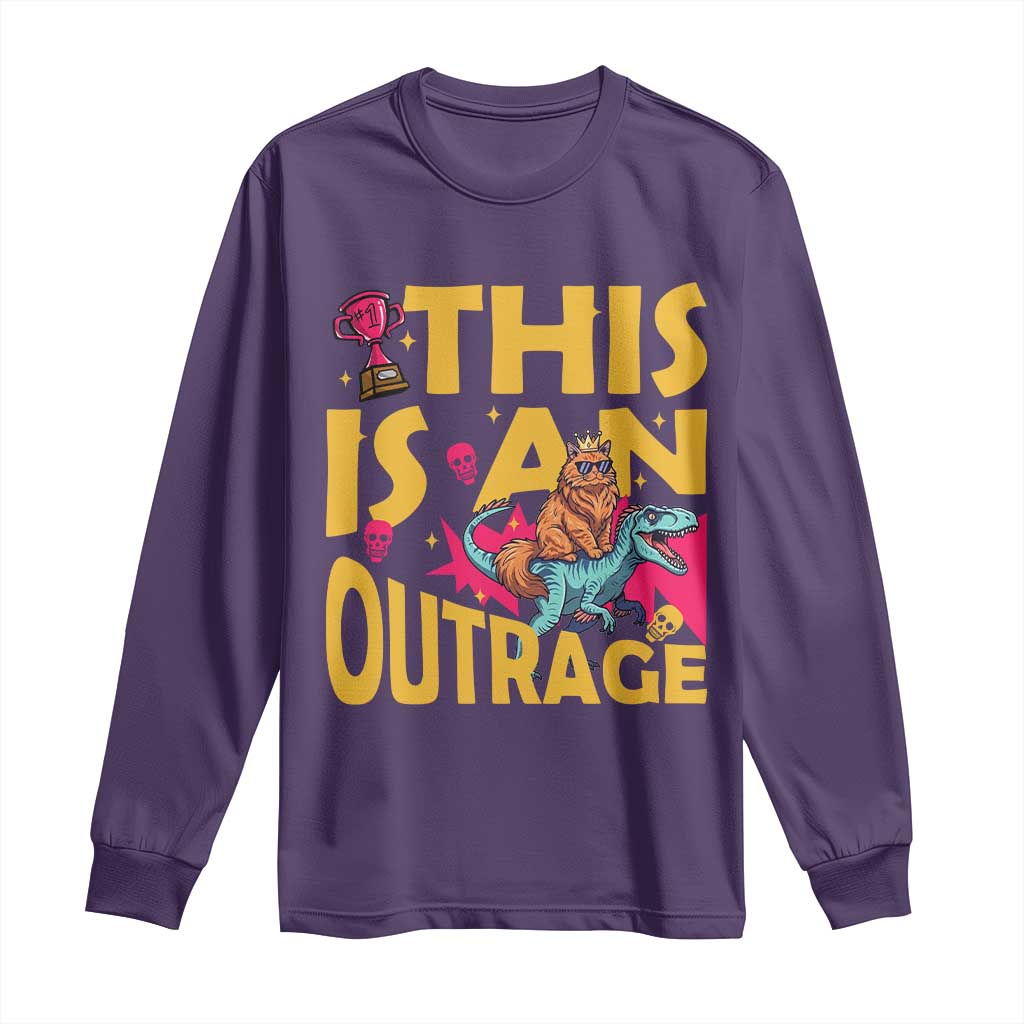 This Is An Outrage Sassy Cat Riding Raptor Dinosaur Long Sleeve Shirt Retro Pop Art Graphic