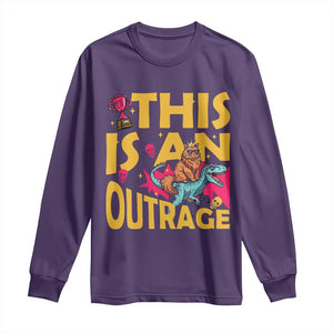 This Is An Outrage Sassy Cat Riding Raptor Dinosaur Long Sleeve Shirt Retro Pop Art Graphic