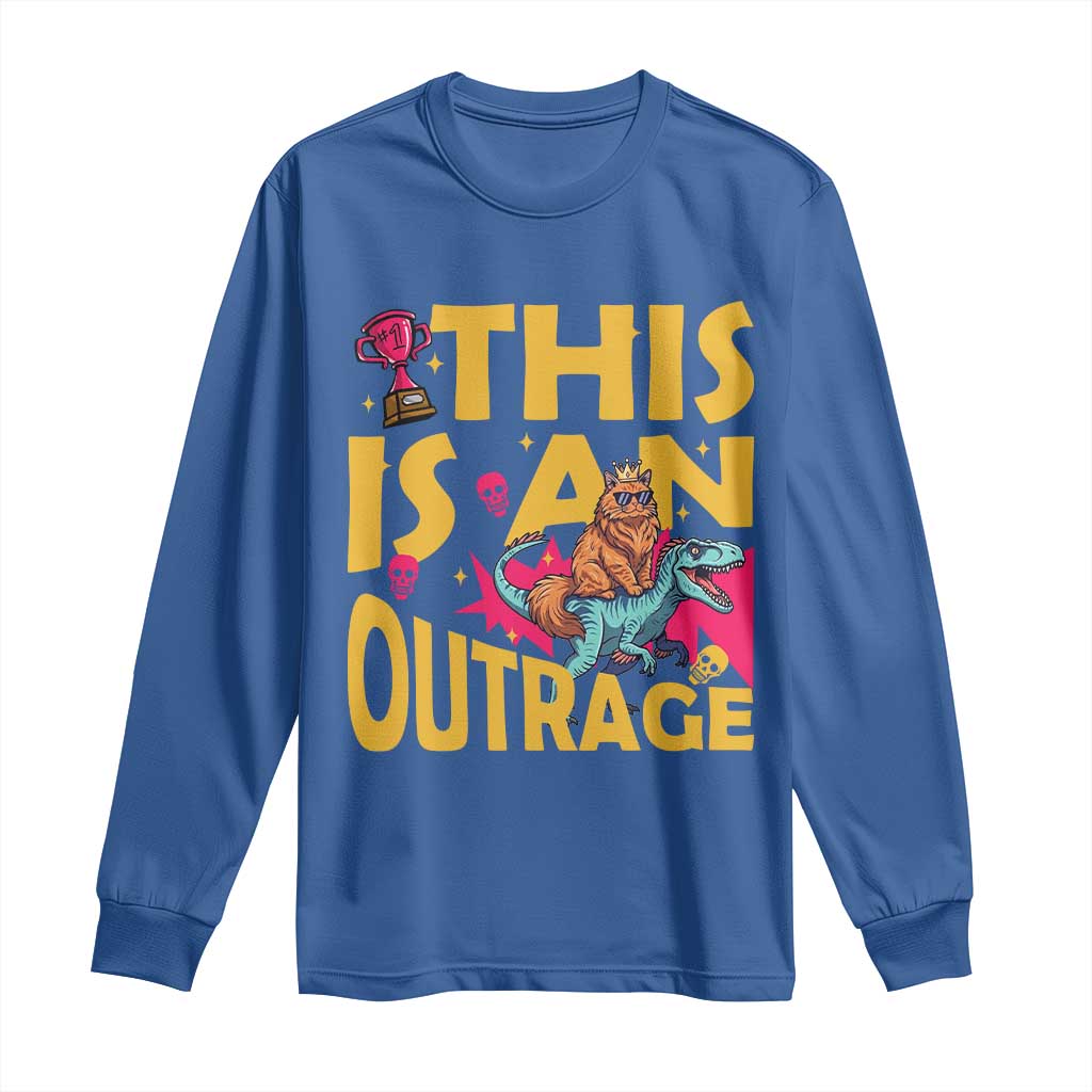 This Is An Outrage Sassy Cat Riding Raptor Dinosaur Long Sleeve Shirt Retro Pop Art Graphic