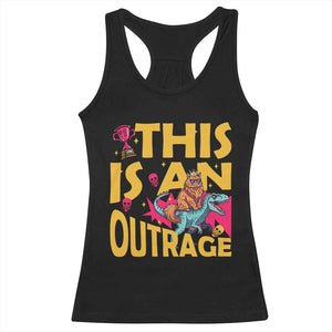This Is An Outrage Sassy Cat Riding Raptor Dinosaur Racerback Tank Top Retro Pop Art Graphic