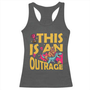This Is An Outrage Sassy Cat Riding Raptor Dinosaur Racerback Tank Top Retro Pop Art Graphic