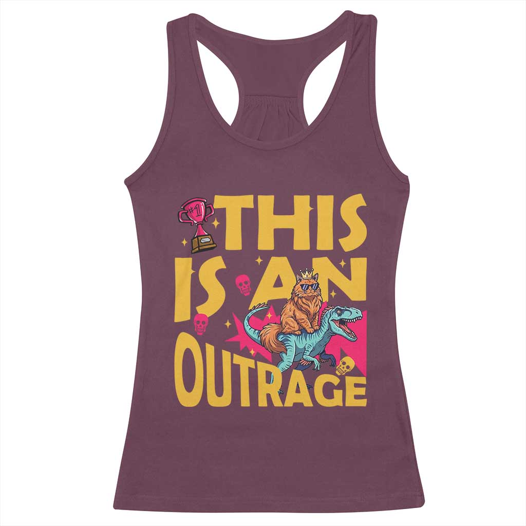 This Is An Outrage Sassy Cat Riding Raptor Dinosaur Racerback Tank Top Retro Pop Art Graphic