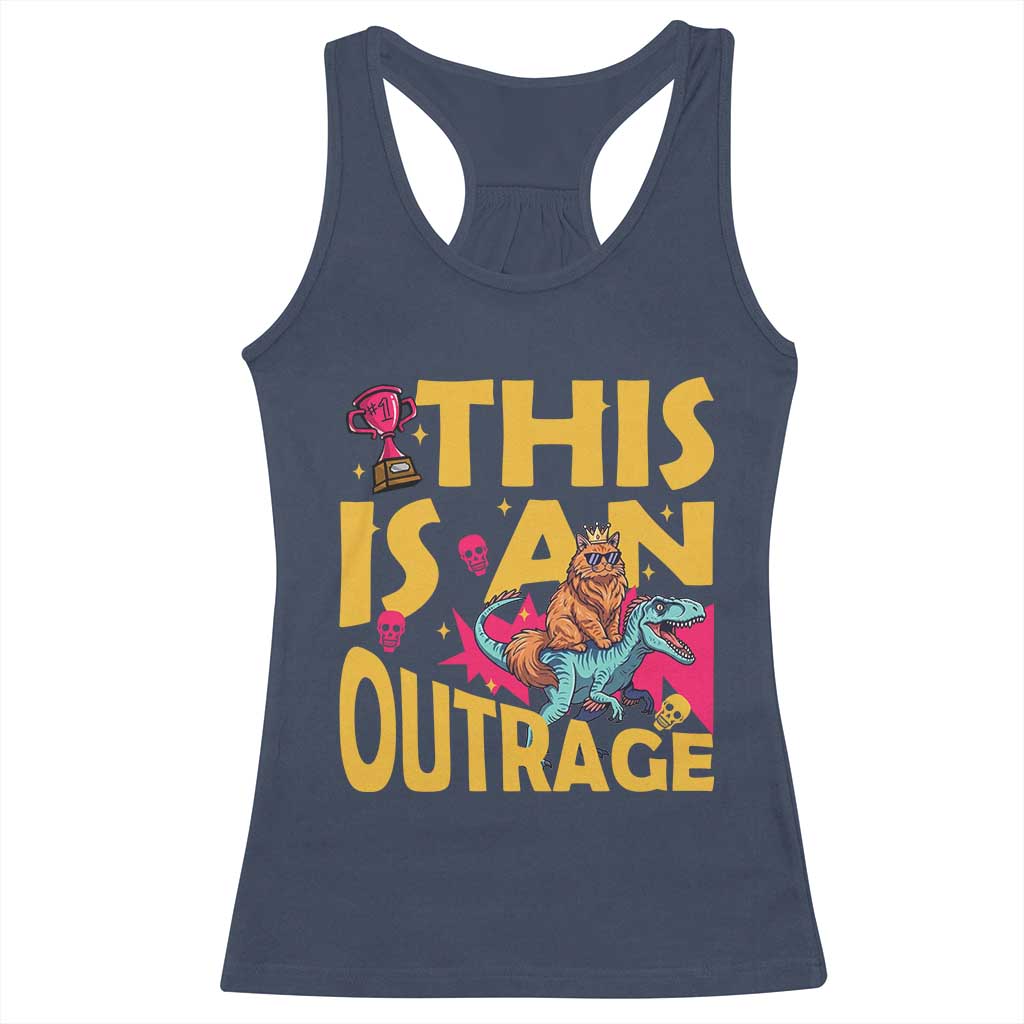 This Is An Outrage Sassy Cat Riding Raptor Dinosaur Racerback Tank Top Retro Pop Art Graphic