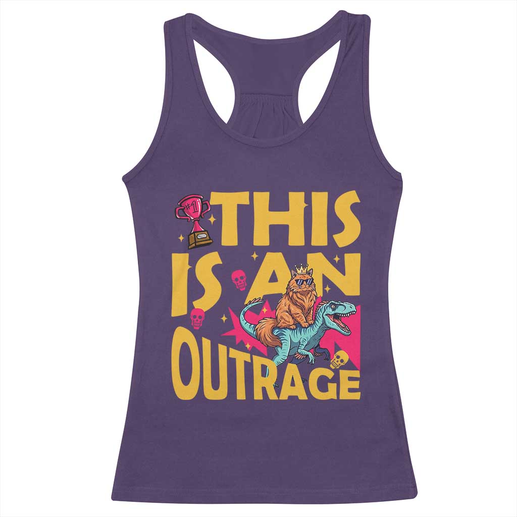 This Is An Outrage Sassy Cat Riding Raptor Dinosaur Racerback Tank Top Retro Pop Art Graphic