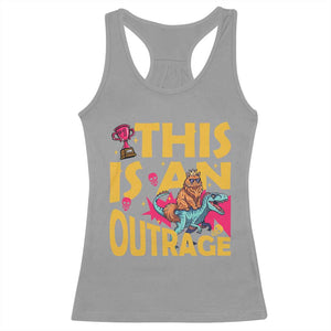 This Is An Outrage Sassy Cat Riding Raptor Dinosaur Racerback Tank Top Retro Pop Art Graphic