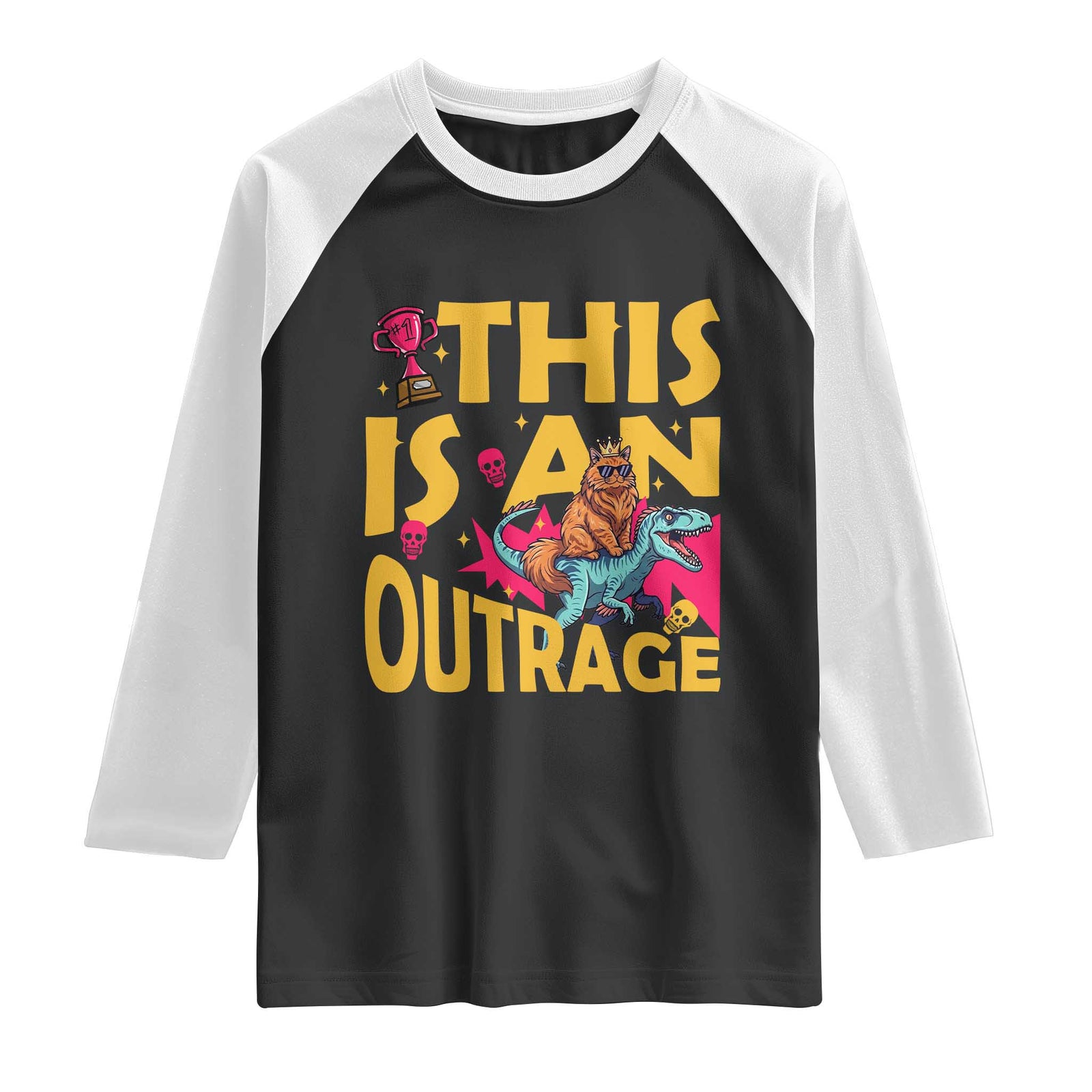 This Is An Outrage Sassy Cat Riding Raptor Dinosaur Raglan Shirt Retro Pop Art Graphic TS02 Black White Print Your Wear