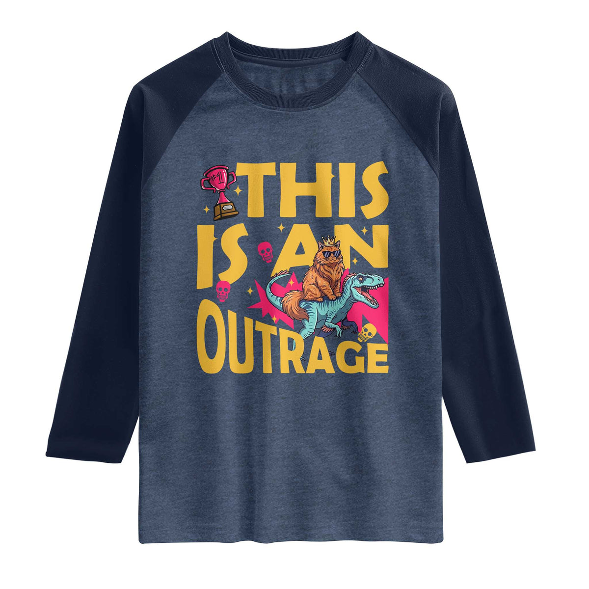 This Is An Outrage Sassy Cat Riding Raptor Dinosaur Raglan Shirt Retro Pop Art Graphic