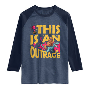 This Is An Outrage Sassy Cat Riding Raptor Dinosaur Raglan Shirt Retro Pop Art Graphic