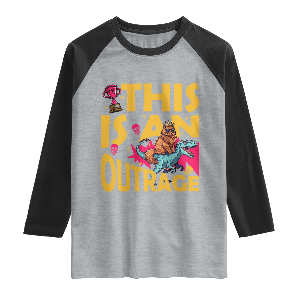 This Is An Outrage Sassy Cat Riding Raptor Dinosaur Raglan Shirt Retro Pop Art Graphic