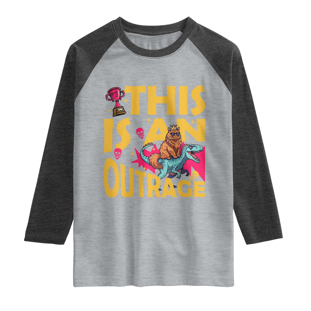 This Is An Outrage Sassy Cat Riding Raptor Dinosaur Raglan Shirt Retro Pop Art Graphic