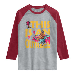 This Is An Outrage Sassy Cat Riding Raptor Dinosaur Raglan Shirt Retro Pop Art Graphic