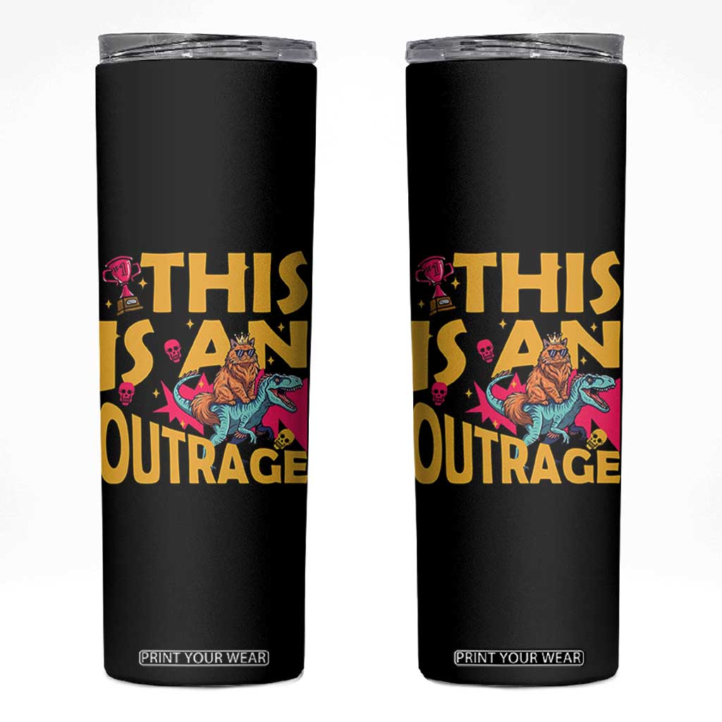 This Is An Outrage Sassy Cat Riding Raptor Dinosaur Skinny Tumbler Retro Pop Art Graphic