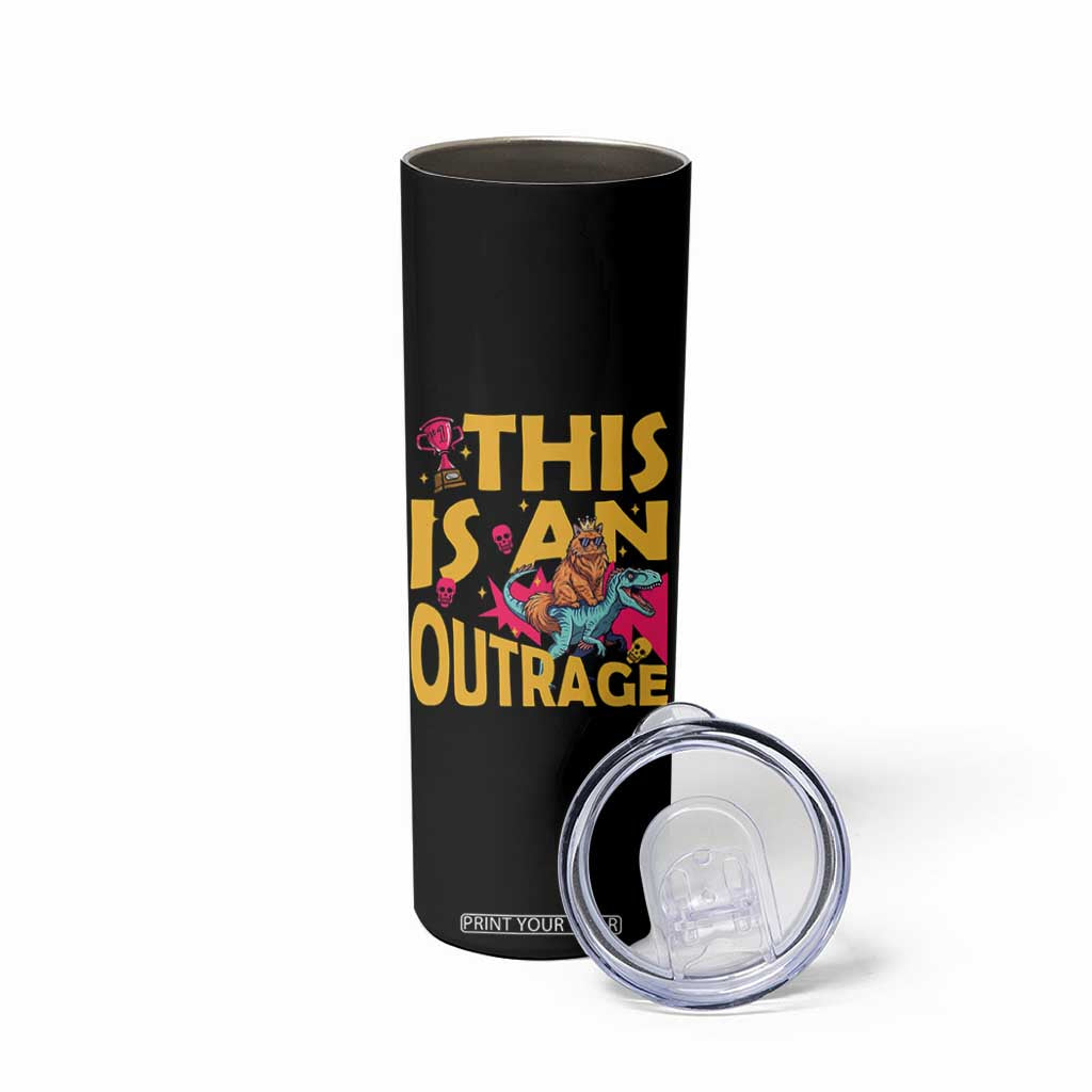 This Is An Outrage Sassy Cat Riding Raptor Dinosaur Skinny Tumbler Retro Pop Art Graphic