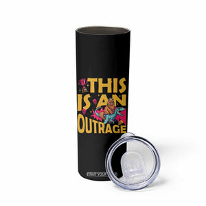 This Is An Outrage Sassy Cat Riding Raptor Dinosaur Skinny Tumbler Retro Pop Art Graphic
