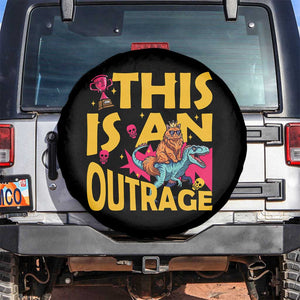 This Is An Outrage Sassy Cat Riding Raptor Dinosaur Spare Tire Cover Retro Pop Art Graphic