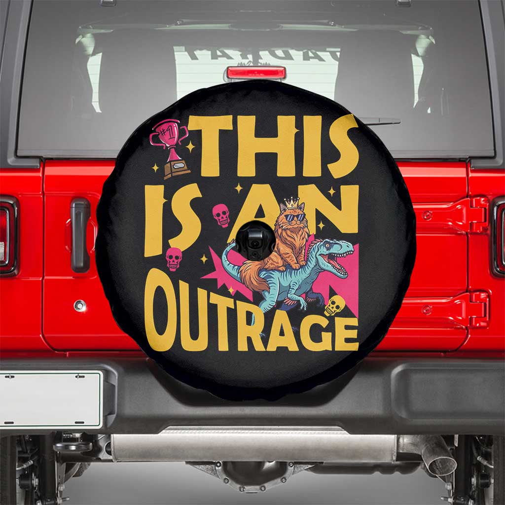 This Is An Outrage Sassy Cat Riding Raptor Dinosaur Spare Tire Cover Retro Pop Art Graphic