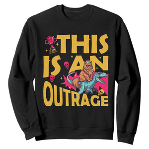 This Is An Outrage Sassy Cat Riding Raptor Dinosaur Sweatshirt Retro Pop Art Graphic