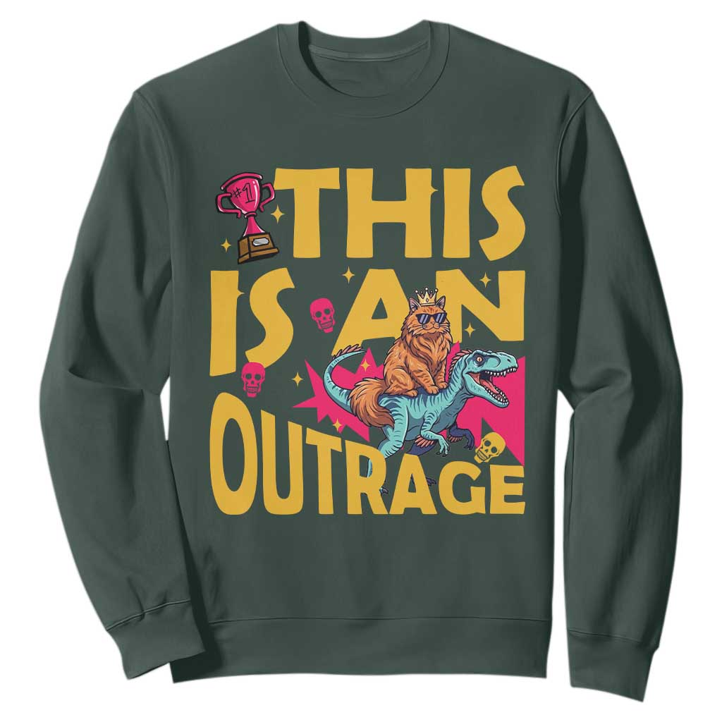 This Is An Outrage Sassy Cat Riding Raptor Dinosaur Sweatshirt Retro Pop Art Graphic