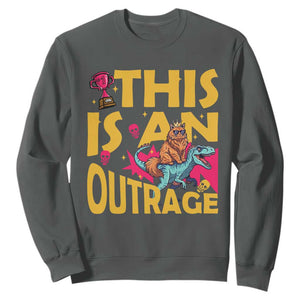 This Is An Outrage Sassy Cat Riding Raptor Dinosaur Sweatshirt Retro Pop Art Graphic