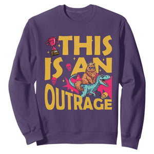 This Is An Outrage Sassy Cat Riding Raptor Dinosaur Sweatshirt Retro Pop Art Graphic