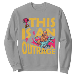 This Is An Outrage Sassy Cat Riding Raptor Dinosaur Sweatshirt Retro Pop Art Graphic