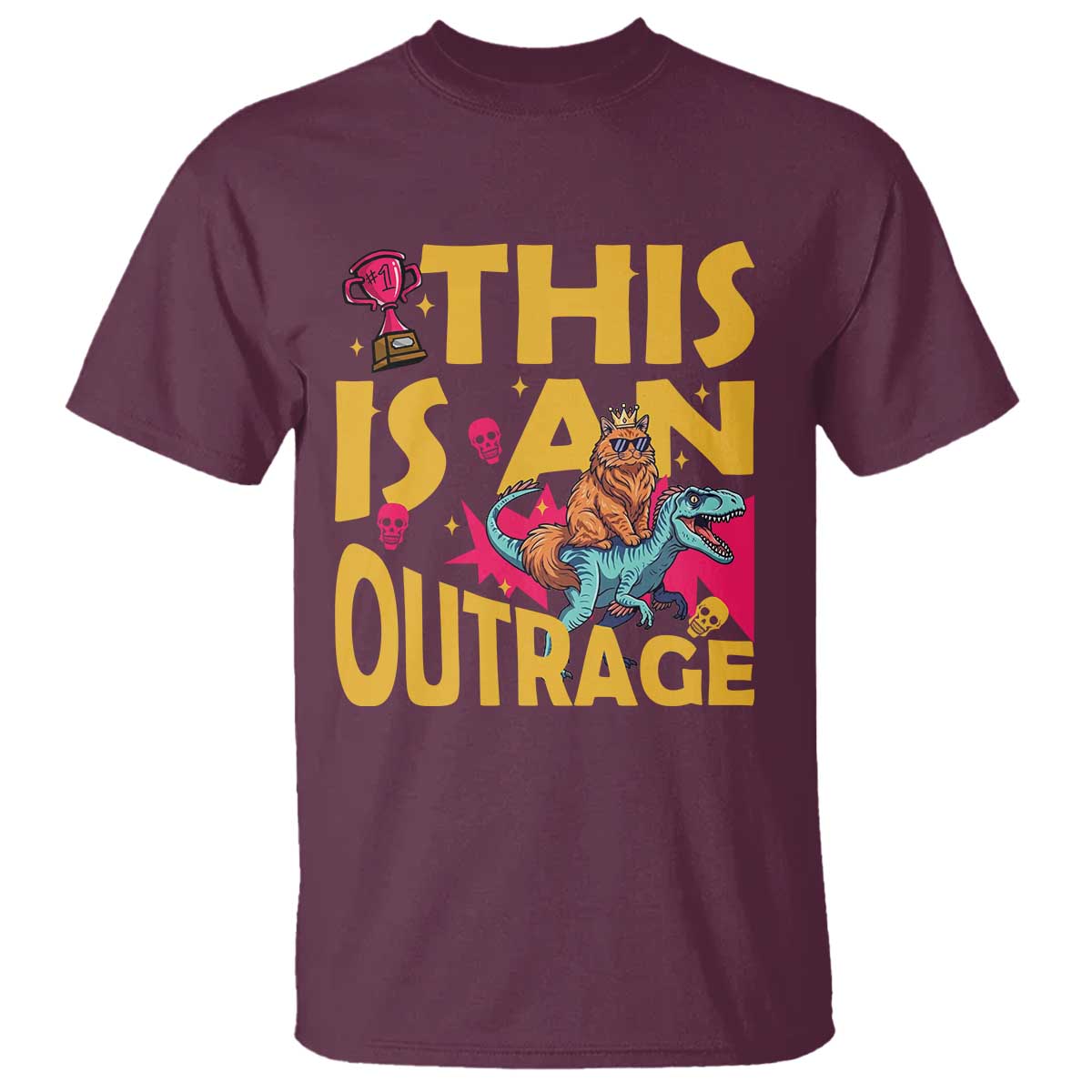 This Is An Outrage Sassy Cat Riding Raptor Dinosaur T Shirt Retro Pop Art Graphic